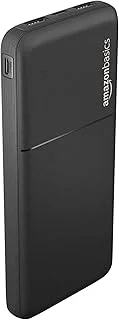 Amazon Basics 10000mAh 10W Power Bank with Cable | Dual Output Ports | Dual Input Ports | Lithium Polymer Power Bank | Plastic Casing, Lightweight (Black)